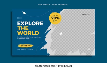 Professional travel agency web banner or video thumbnail template design. Travelling business promotion banner with agency logo and icon. Online digital marketing video cover for summer beach holiday.