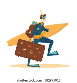 Professional  traveler. Man in a swimming suit is holding a bag and surf board. Tourist with a backpack. Cartoon illustration.