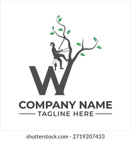 Professional tree arborist service logo concept featuring letter w and climbing silhouette