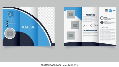 Professional trifold brochure template with blue wave design and transparent image placeholders, perfect for corporate branding, business promotion, and marketing presentations.
