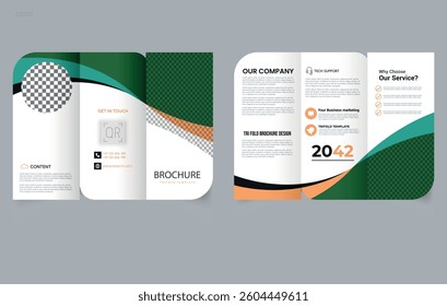 Professional Trifold brochure template with green waves for corporate design. Flyer Mockup.