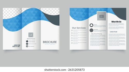 Professional trifold brochure template with modern blue wave design. Ideal for business presentations, marketing, company profiles, and advertising. Fully editable layout with placeholders and icons.