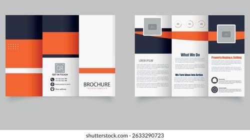 Professional trifold business brochure template in orange and dark blue color scheme. Ideal for corporate marketing, consulting, property services, and company profiles.