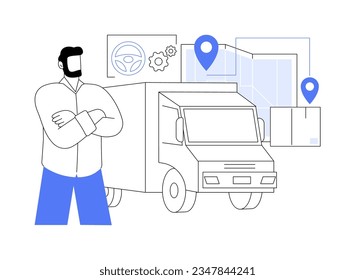 Professional truck drivers abstract concept vector illustration. Smiling carrier stands near big cargo, trucking company, export business, foreign trade, transportation by road abstract metaphor.