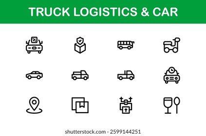 Professional Truck Logistics and Car Icon Set Vector Illustration. Featuring Essential Transportation, Delivery, and Vehicle Symbols 