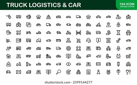 Professional Truck Logistics and Car Icon Set Vector Illustration. Featuring Essential Transportation, Delivery, and Vehicle Symbols 
