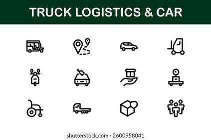 Professional Truck Logistics and Car Icon Set Vector Illustration. Featuring Essential Transportation, Delivery, and Vehicle Symbols 