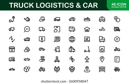 Professional Truck Logistics and Car Icon Set Vector Illustration. Featuring Essential Transportation, Delivery, and Vehicle Symbols 