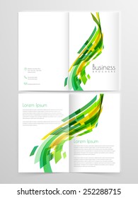 Professional two page business brochure, template or flyer design with shiny abstract waves.