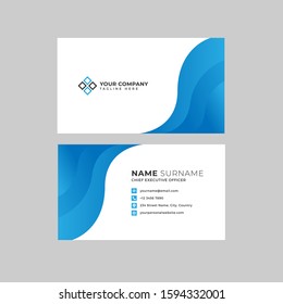 Professional two sided business card template on white background, wavy blue gradient ornaments and logo placeholder