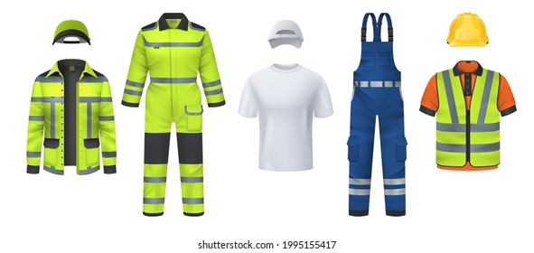 Professional uniform. Realistic work wear with helmet and reflective protective stripes. Isolated coveralls and headgears, t-shirt or vest. Garment for repairman. Vector clothes set