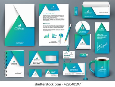 Professional universal blue branding design kit with origami element. Corporate identity template, business stationery mock-up for real estate company. Editable vector illustration: folder, mug, etc.
