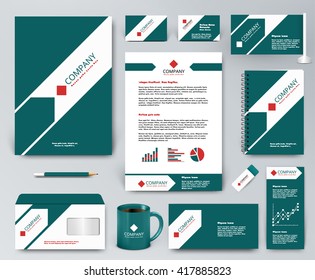 Professional universal branding design kit. White tape on green, ribbon with green arrow. Corporate identity template. Business stationery mockup. Editable vector illustration: folder, mug, etc.