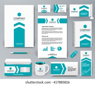 Professional universal branding design kit with blue arrow on white for real estate/investment. Corporate identity template. Business stationery mockup. Editable vector illustration: folder, mug, etc.