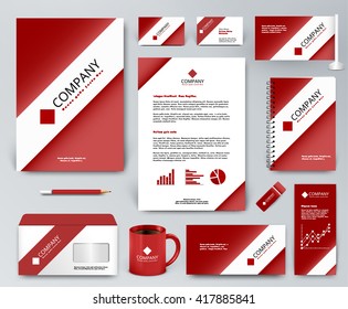 Professional universal branding design kit. White tape, ribbon on red backdrop. Corporate identity template. Business stationery mockup. Editable vector illustration: folder, mug, etc.