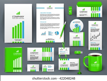 Professional universal branding design kit with green and blue lines. Corporate identity template, business stationery mock-up. Green and blue colors. Editable vector illustration: folder, cup, etc.