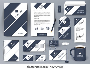 Professional universal branding design kit with dark blue and white tape lines. Business stationery mockup. Editable vector illustration: folder, mug, etc.