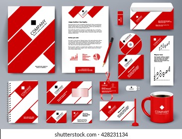 Professional universal branding design kit with red and white tape lines. Corporate identity template. Business stationery mockup with folder, mug, etc.
