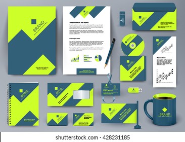 Professional universal branding design kit with green and blue geometry forms like mountain or infographic. Corporate identity template. Business stationery mockup with folder, mug, etc.