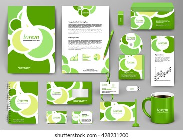 Professional universal branding design kit with green circles. Best for ecology save concepts, summer cafe or hotel. Corporate identity template. Business stationery mockup with folder, mug, etc.