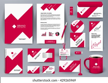 Professional universal branding design kit with red and white geometry forms like mountain or infographic. Corporate identity template. Business stationery with badge, folder, cup,  pennant, letter. 