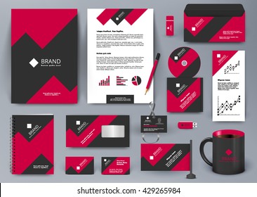 Professional universal branding design kit with red and black geometry forms like mountain or infographic. Corporate identity template. Business stationery with badge, folder, cup,  pennant, letter. 