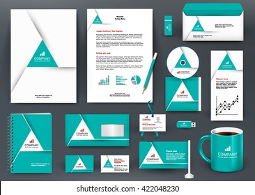 Professional universal green branding design kit with origami element. Corporate identity template, business stationery mock-up for real estate company. Editable vector illustration: folder, mug, etc.