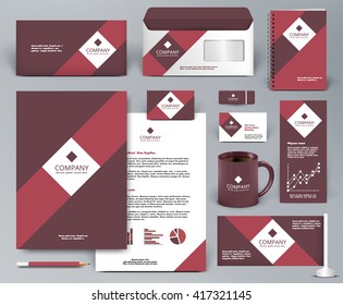 Professional universal red branding design kit for shop, cafe, restaurant. Corporate identity template. Business stationery mock-up. Red, vinous, white colors. Vector illustration: folder, cup, etc.