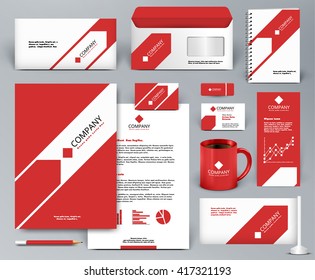 Professional universal red branding design kit with arrow. Corporate identity template. Business stationery mock-up. Editable vector illustration: folder, cup, etc.
