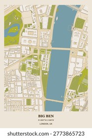 Professional urban map and architectural layout of Westminster, London, featuring Big Ben and the Houses of Parliament.