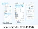 A professional user interface design for a mobile cloud storage application featuring dashboard overviews, storage statistics, file management, and team collaboration permissions.