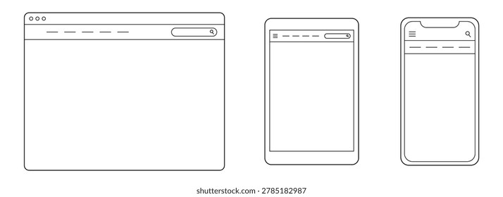 Professional user interface layout templates for responsive web design workflow featuring outline frames for desktop computer monitors and handheld mobile devices with navigation bars and search fields in minimalist style for software developers and graphic artists and agency projects.