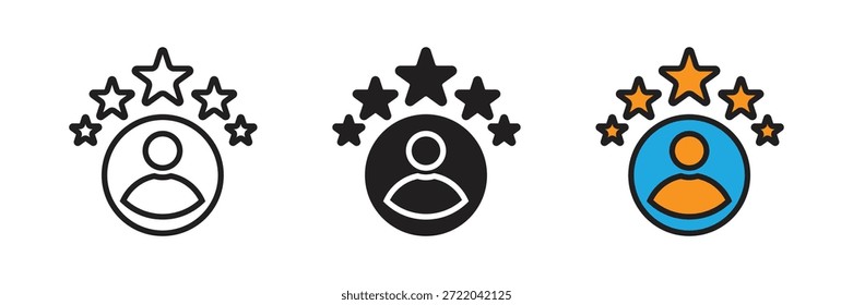 Professionelles Benutzerprofil-Symbol, umgeben von fünf Sternen, die einen Experten, einen erstklassigen Mitarbeiter oder einen hochwertigen Kunden in einem System darstellen.