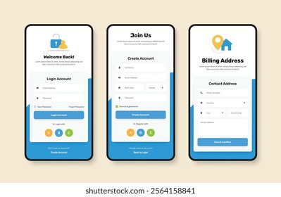 Professional user register login, signup and billing address form design for mobile application