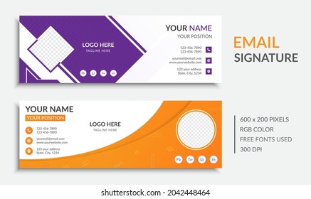 Professional, Vector, Abstract, Modern, and Creative Business  Email Signature Template Design. Corporate Email Signature Design. Purple and Yellow Color.