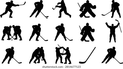 A professional vector bundle featuring ice hockey player silhouettes, goalkeeper poses, sticks, faceoff scenes, and celebration actions. Perfect for sports branding, event graphics, infographics, websites, mobile apps, merchandise, and commercial design projects.