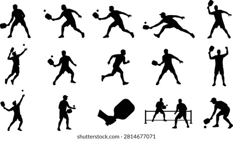 A professional vector bundle featuring pickleball player silhouettes, paddle actions, serving, rally scenes, and match poses. Ideal for sports branding, tournament graphics, websites, mobile apps, merchandise, presentations, and commercial design projects.
