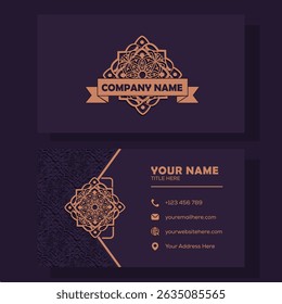 A professional vector business card design featuring a luxurious mandala pattern in gold on a dark purple background. Ideal for creative professionals, boutique businesses, or Islamic-themed branding.