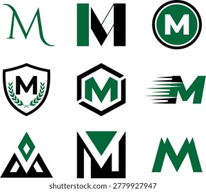 Professional vector collection of 9 versatile “M” letter logos in multiple styles: elegant serif swash, bold geometric block, circle badge, shield crest with laurel, hexagon tech, speed swoosh, mountain peak, negative space crown, 