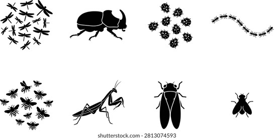 A professional vector collection of black silhouettes depicting a variety of insects, including dragonflies, rhinoceros beetle, ladybugs, ants, honeybees, praying mantis, cicada, and housefly. This versatile icon set is ideal for nature educational materials, pest control branding, and wildlife illustration layouts.A professional vector collection of black silhouettes depicting a variety of insects, including dragonflies, rhinoceros beetle, ladybugs, ants, honeybees, praying mantis, cicada, and housefly. This versatile icon set is ideal for nature educational materials, pest control branding, and wildlife illustration layouts.