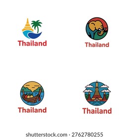 Professional vector collection of colorful Thailand travel emblems featuring a golden pagoda tropical palm tree cultural elephant and traditional longtail boat for tourism branding.