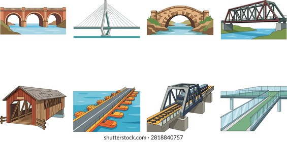 Professional vector collection of diverse bridge designs including arch, cable stayed, truss, covered, railway, floating, and pedestrian bridges. Ideal for infrastructure, engineering, transportation, architecture, construction, and educational design projects.