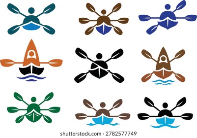 Professional vector collection featuring 9 kayak and paddle logos in teal, brown, blue, orange, black, and green color schemes. Includes crossed paddles, top view kayaks, and front view designs with water details. Perfect for outdoor brands, adventure tourism, kayak rentals, rafting companies, summer camps, and sports logos. Represents kayaking, canoeing, paddling, water sports, river adventure, and outdoor recreation. Ideal for branding, apparel, signage, websites, and merchandise. Multiple styles and colors support brand matching for outfitters, marinas, and adventure guides. Clean solid format ensures sharp reproduction for print, embroidery, vinyl, and laser engraving. Scales perfectly from small badge to large banner.