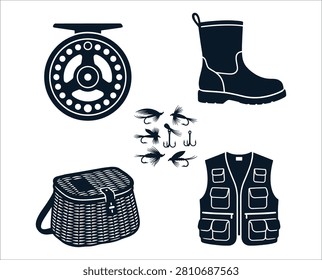 A professional vector collection featuring essential fly fishing gear and equipment silhouettes isolated on a white background. This high contrast, black-and white set includes a detailed fly reel, a rugged wading boot, a woven wicker creel basket, a multi-pocket utility vest, and a central cluster of artificial flies and hooks. Perfect for outdoor sports branding, angling logos, bait and tackle shop graphics, and apparel prints.