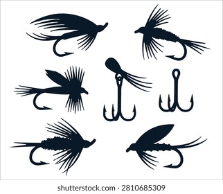 A professional vector collection featuring seven high-contrast silhouettes of fly fishing lures and hooks isolated on a white background. This set includes various artificial flies (such as dry flies, wet flies, and nymphs) along with sharp treble hooks used in angling. Ideal for fly fishing logos, outdoor sports branding, bait and tackle shop graphics, and apparel prints.
