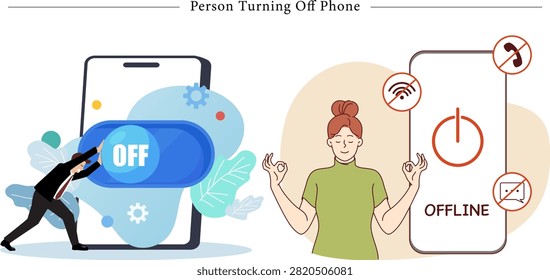 A professional vector compilation emphasizing cellular disconnection, workplace burnout management, and tech independence concepts titled 