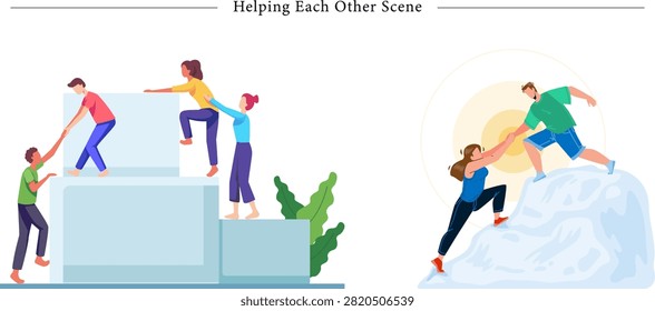 A professional vector compilation highlighting community assistance, career progression hurdles, and corporate team building concepts titled 