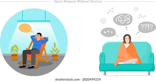 A professional vector compilation highlighting screen free relaxation, tech detachment habits, and mental unpacking routines titled 