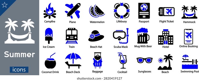 A professional vector compilation showcasing hot weather recreational activities, tropical holiday excursions, and cruise getaway amenities. The horizontal grid presentation features twenty-one solid flat glyph design graphics styled in bold black shapes with vibrant blue elements over a clean white background. The left slate-colored vertical title area displays a clear hammock hanging between twin palm trees above the text 
