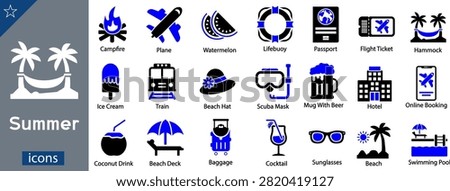 A professional vector compilation showcasing hot weather recreational activities, tropical holiday excursions, and cruise getaway amenities. The horizontal grid presentation features twenty-one solid flat glyph design graphics styled in bold black shapes with vibrant blue elements over a clean white background. The left slate-colored vertical title area displays a clear hammock hanging between twin palm trees above the text 